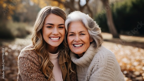 Retrato de abuela feliz y nieta adulta en el jardín. Concepto de familia acogedora.