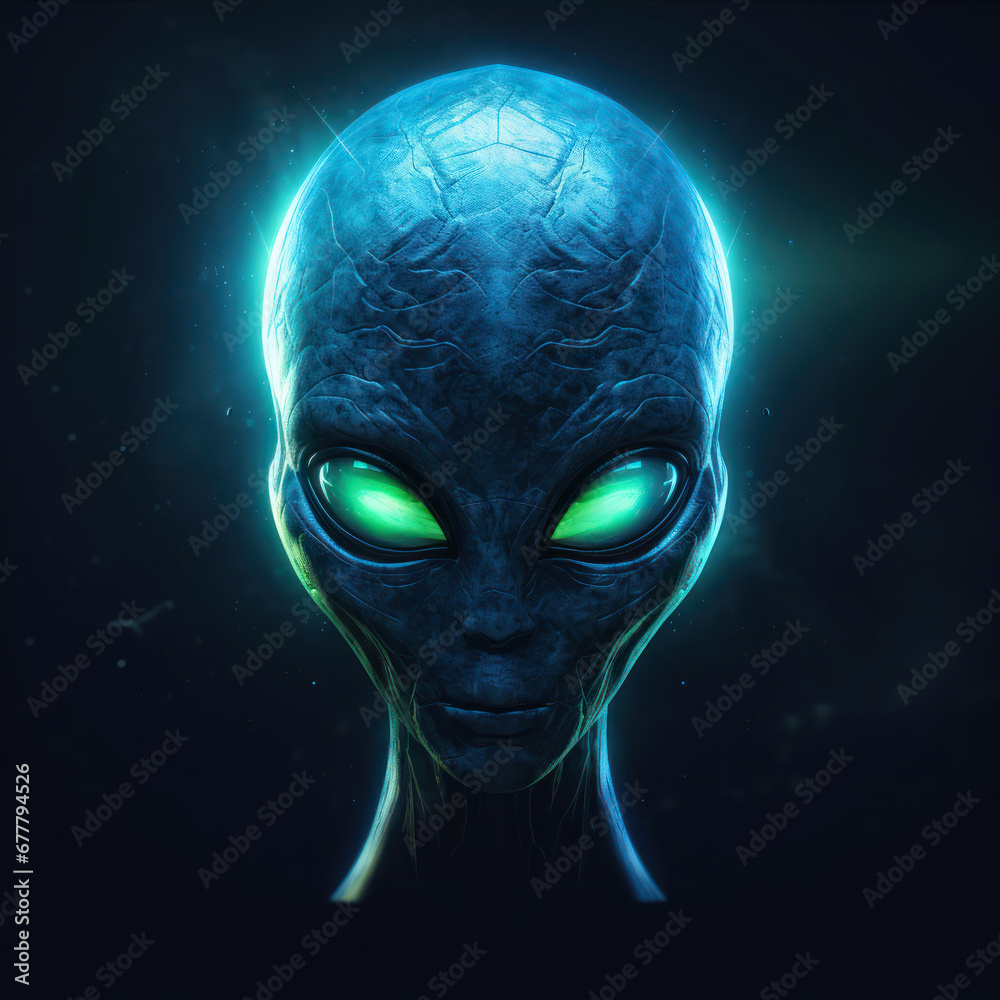 3d rendering of alien face with green eyes in dark space background 3d rendering of alien face with green eyes in dark space background