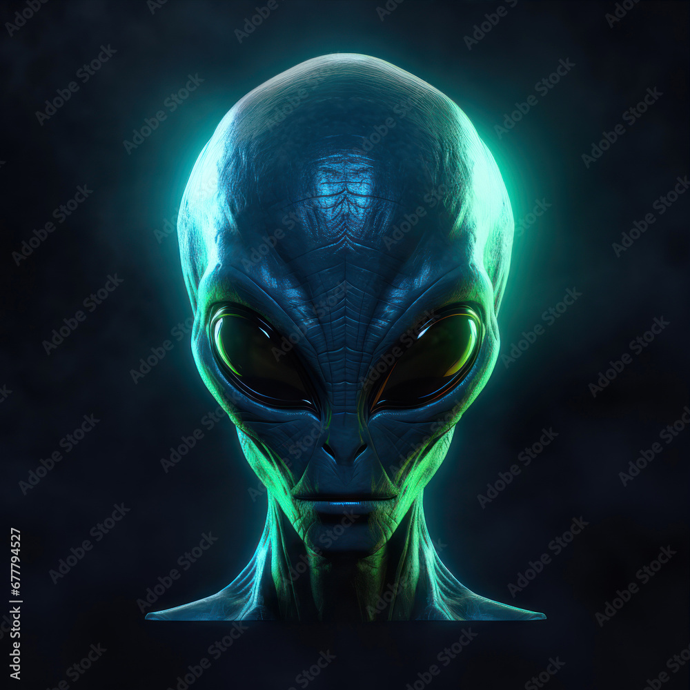 Alien head with glowing eyes on dark background. 3D rendering.