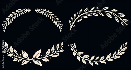  vintage white laurel leaf wreaths on black background