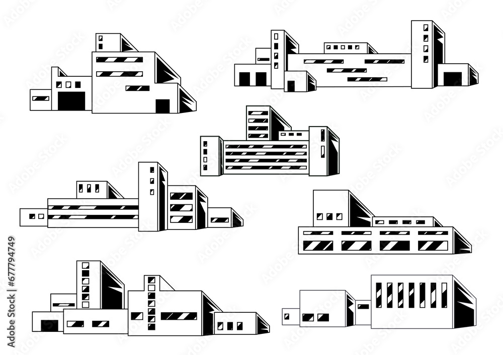 Set of industrial buildings. Urban manufactory view of constructions.