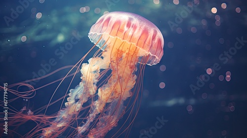  a close up of a jellyfish in the water with a lot of bubbles on it's back end.