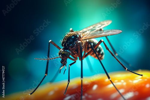 Close-up of a mosquito sucking human blood, highlighting the risk of vector-borne diseases like Dengue, Chikungunya, Mayaro, Rift Valley fever, Yellow fever, and Zika. Bright image. High quality, supe © Uliana