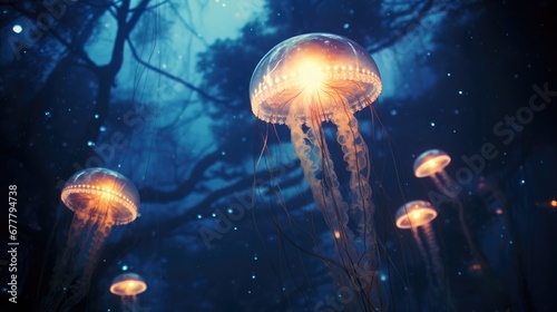  a group of jellyfish floating in a forest at night with lights shining on the water and trees in the background.