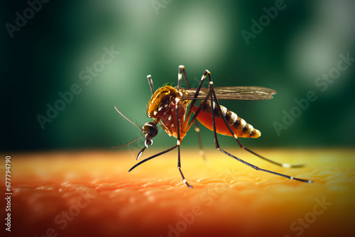 Close-up of a mosquito sucking human blood, highlighting the risk of vector-borne diseases like Dengue, Chikungunya, Mayaro, Rift Valley fever, Yellow fever, and Zika. Bright image. High quality, supe photo
