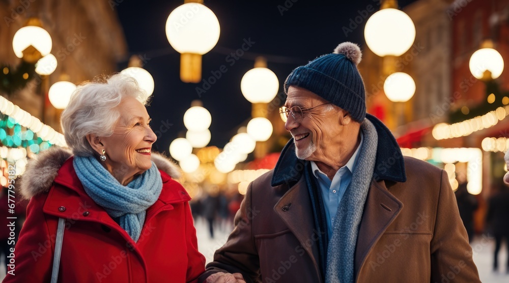 Happy two elderly people woman and man walking against backdrop of Christmas fair lights holding hands on the street, wearing coats Happy two elderly people woman and man walking against backdrop of Christmas fair lights holding hands on the street, wearing coats