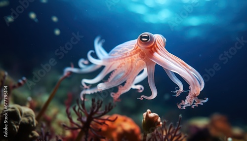 An European Squid gracefully gliding through the Deep Blue Ocean Waters