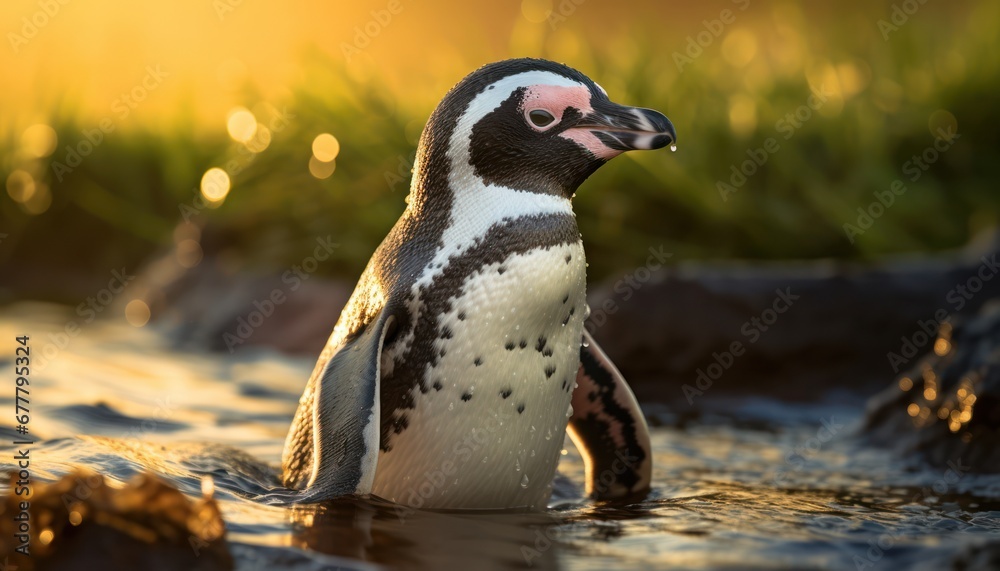 Naklejka premium A Majestic Humboldt Penguin Silhouetted in the Golden Glow of a Serene Sunset