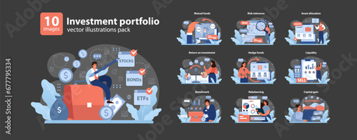 Investment portfolio set. Diverse financial themes showcased. Mutual funds, risk tolerance, asset allocation. Liquidity, hedge funds, return on investment. Capital gain, benchmark insights