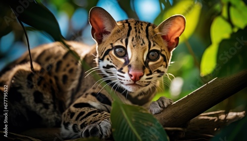 A Curious Ocelot Cat Perched on a Majestic Tree Branch photo