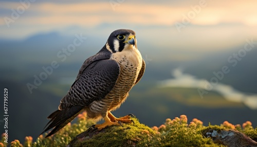 A Majestic Peregrine Falcon Bird Surveying its Kingdom from a Verdant Hilltop