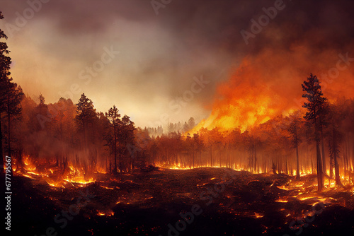 Forest fire disaster illustration, trees burning at night, wildfire nature destruction, damaged environment caused by global warming