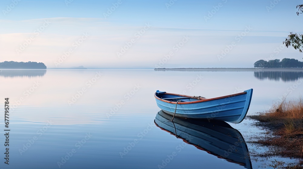 a small blue boat floating on top of a lake next to a lush green forest under a blue cloudy sky. a small blue boat floating on top of a lake next to a lush green forest under a blue cloudy sky.