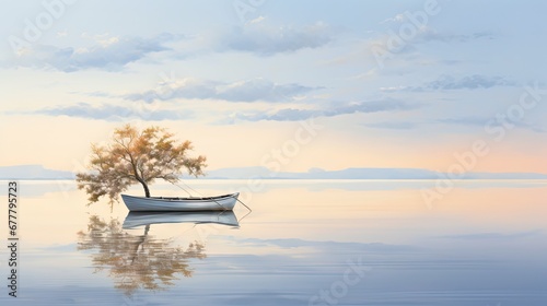  a small boat floating on top of a lake next to a tree in the middle of a body of water.