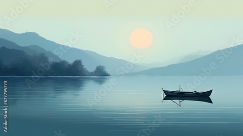  a boat floating on top of a lake next to a lush green hillside covered in trees and a rising sun.