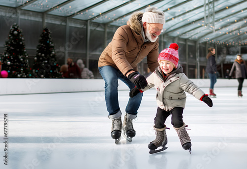 Happy grandfather and grandson having fun and skating on outdoor skating rink photo