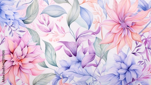  a painting of pink, blue and purple flowers on a white background with a green leafy branch in the center.