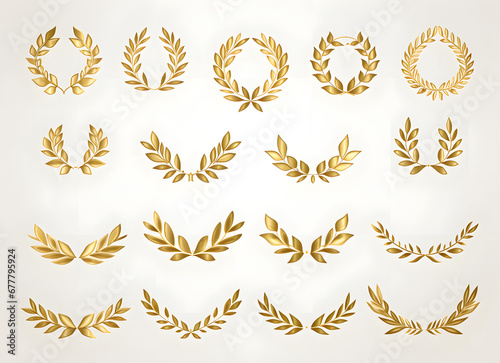  a set of  vintage gold  laurel leaf wreaths on white background photo