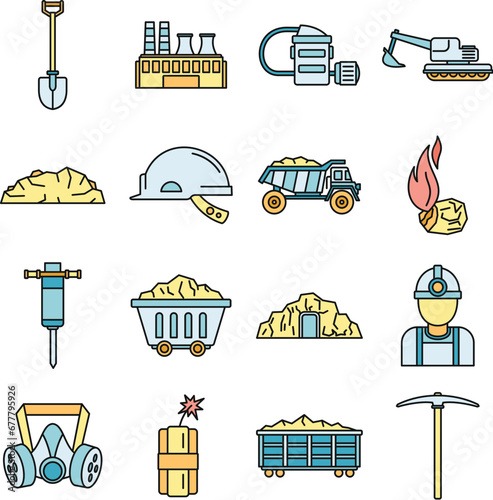 Coal industry factory icons set. Outline set of coal industry factory vector icons thin line color flat on white