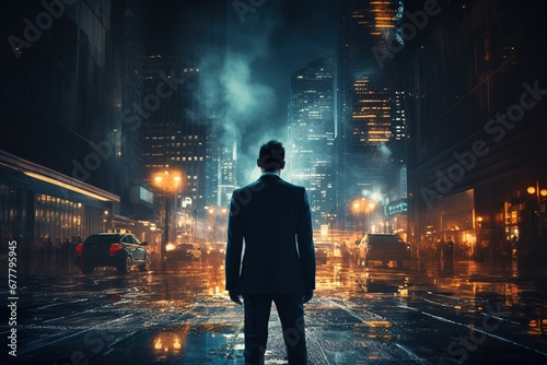 Businessman standing on the street and looking at the city at night, Ai Generated