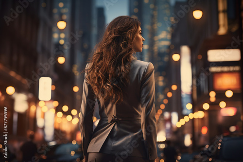 Beautiful young woman in a business suit walking in the city at night, AI Generated photo