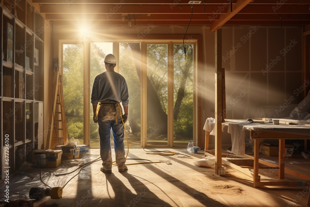 Dynamic Home Construction: Skilled Worker at a Renovation Gig, Breathing Life into Spaces. Progress Unfolding. Generative AI Dynamic Home Construction: Skilled Worker at a Renovation Gig, Breathing Life into Spaces. Progress Unfolding. Generative AI