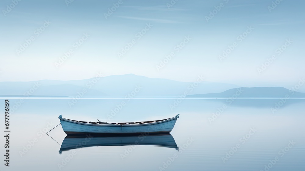  a small blue boat floating on top of a lake next to a shore covered in snow covered mountains in the distance.