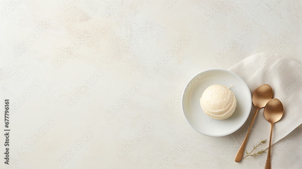 Fototapeta premium a white plate topped with a scoop of ice cream next to two spoons on top of a white napkin.