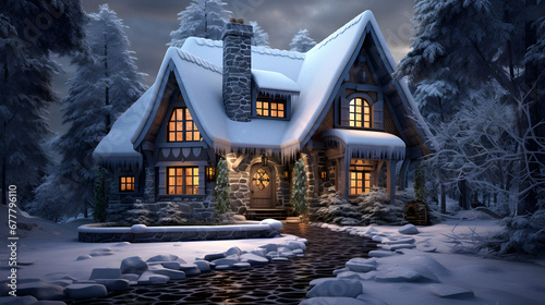 Charming Cottage Nestled in a Snowy Forest, Enhanced with Cool and Muted Tones to Evoke a Cozy and Enchanting Ambiance