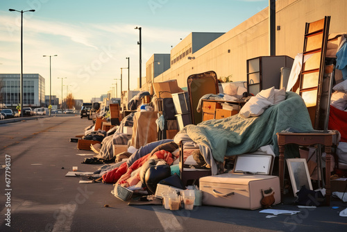 Homeless tent camp and garbage along the road in a modern city photo