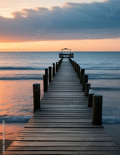 Wooden pier on the beach at beautiful sunset in the evening