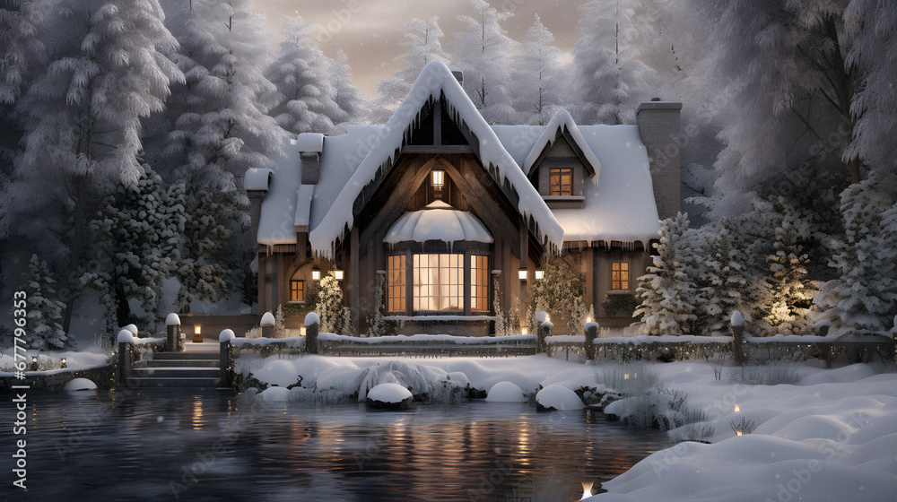 Obraz premium Charming Cottage Nestled in a Snowy Forest, Enhanced with Cool and Muted Tones to Evoke a Cozy and Enchanting Ambiance