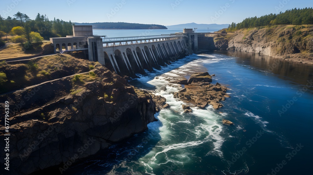 a hydroelectric power plant, representing a renewable energy source. The facility harnesses the power of flowing water to generate electricity, showcasing the harmonious blend of technology and nature a hydroelectric power plant, representing a renewable energy source. The facility harnesses the power of flowing water to generate electricity, showcasing the harmonious blend of technology and nature