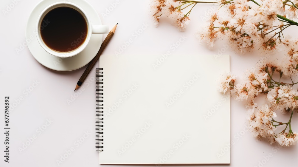 a cup of coffee and a notepad on a white surface with flowers and a pen on top of it.