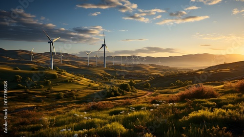 enewable energy sources in harmony with nature, featuring a wind farm. The wind turbines stand tall amidst natural landscapes, symbolizing the balance between sustainable energy production and environ #677796308