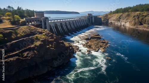 a hydroelectric power plant  representing a renewable energy source. The facility harnesses the power of flowing water to generate electricity  showcasing the harmonious blend of technology and nature