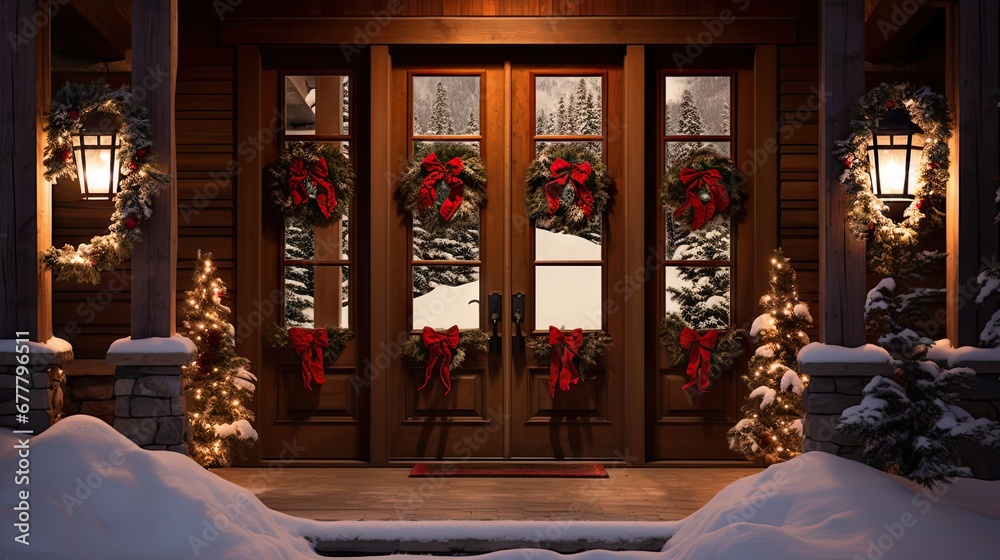 a front door decorated for christmas with wreaths and wreaths on the front and side of the door and lights on the side of the door.