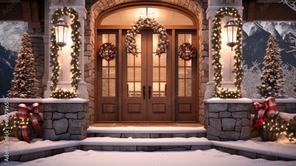  a house decorated for christmas with wreaths and wreaths on the front door and wreaths on the side of the front door.