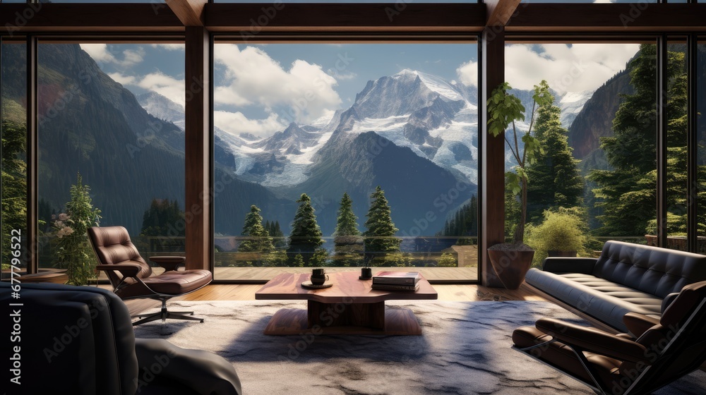  a living room filled with furniture and a large window covered in a view of a mountain covered with snow covered mountains.