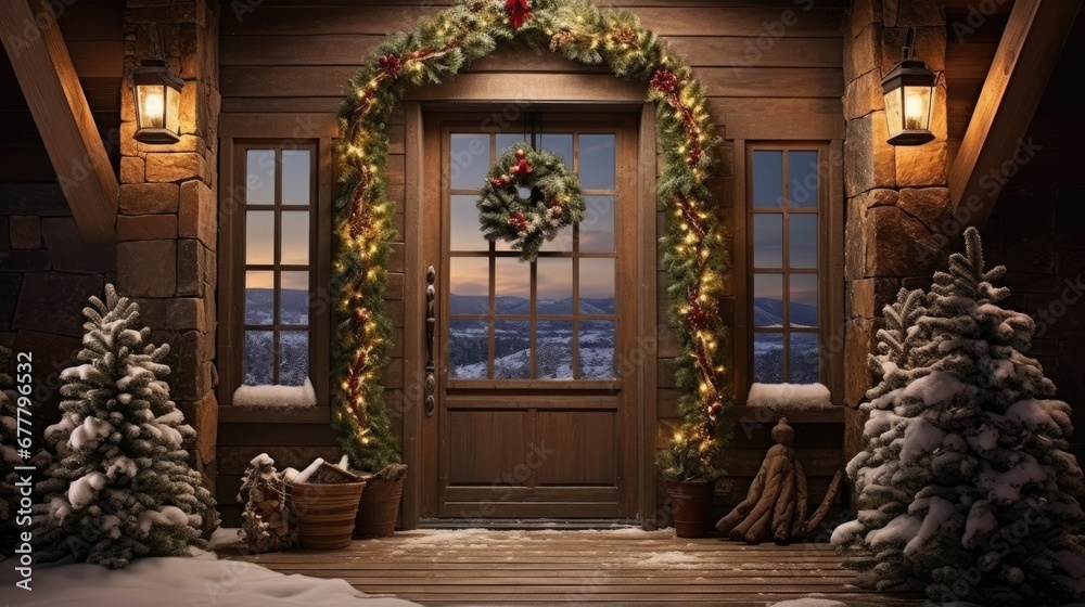  a front door decorated for christmas with a wreath and wreath on the side of the door and snow on the ground.