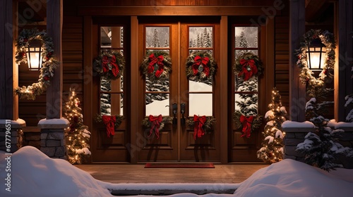  a front door decorated for christmas with wreaths and wreaths on the front and side of the door and lights on the side of the door. © Anna