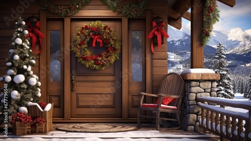  a porch decorated for christmas with a wreath and wreath on the front door and a rocking chair on the porch.