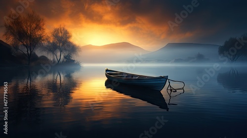  a boat floating on top of a body of water under a cloudy sky with a sun setting in the distance. © Anna