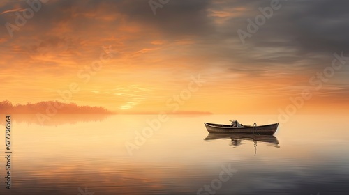  a boat floating on top of a large body of water under a cloudy sky with a sunset in the background.