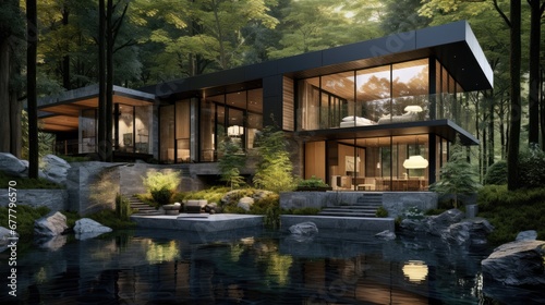  a house in the middle of a forest with a pond in front of it and a waterfall in front of it.