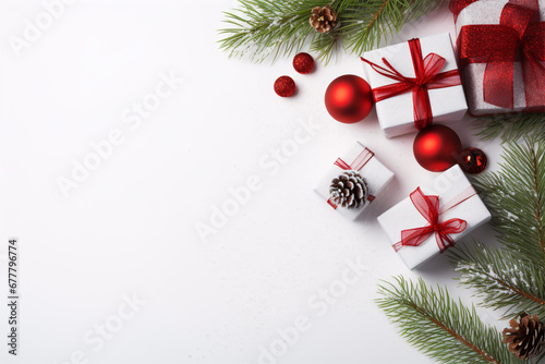 A festive winter scene of presents  fir tree branches  and red decorations on a white background  ideal for Christmas or New Year copy space.