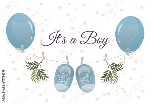 Banner with balloons in blue color, it's a boy phrase, baby shower party concept, gender reveal party concept, flat vector illustration