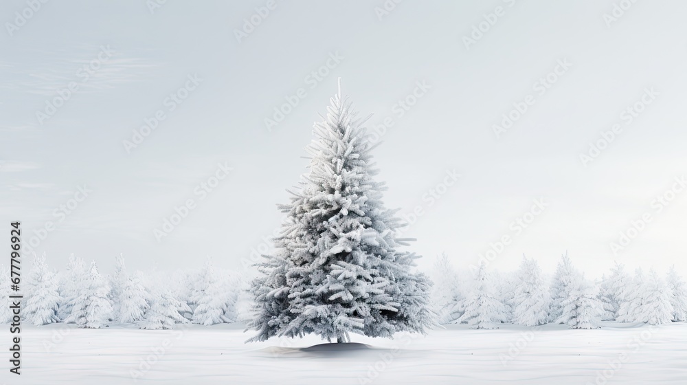  a snow covered pine tree stands in the middle of a snow - covered field, surrounded by snow - covered trees.