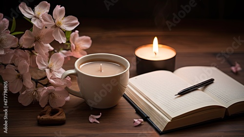  a cup of coffee next to a candle and a book on a wooden table with pink flowers in the background.