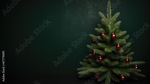  a small green christmas tree with red balls on it's branches and a dark green wall in the background.